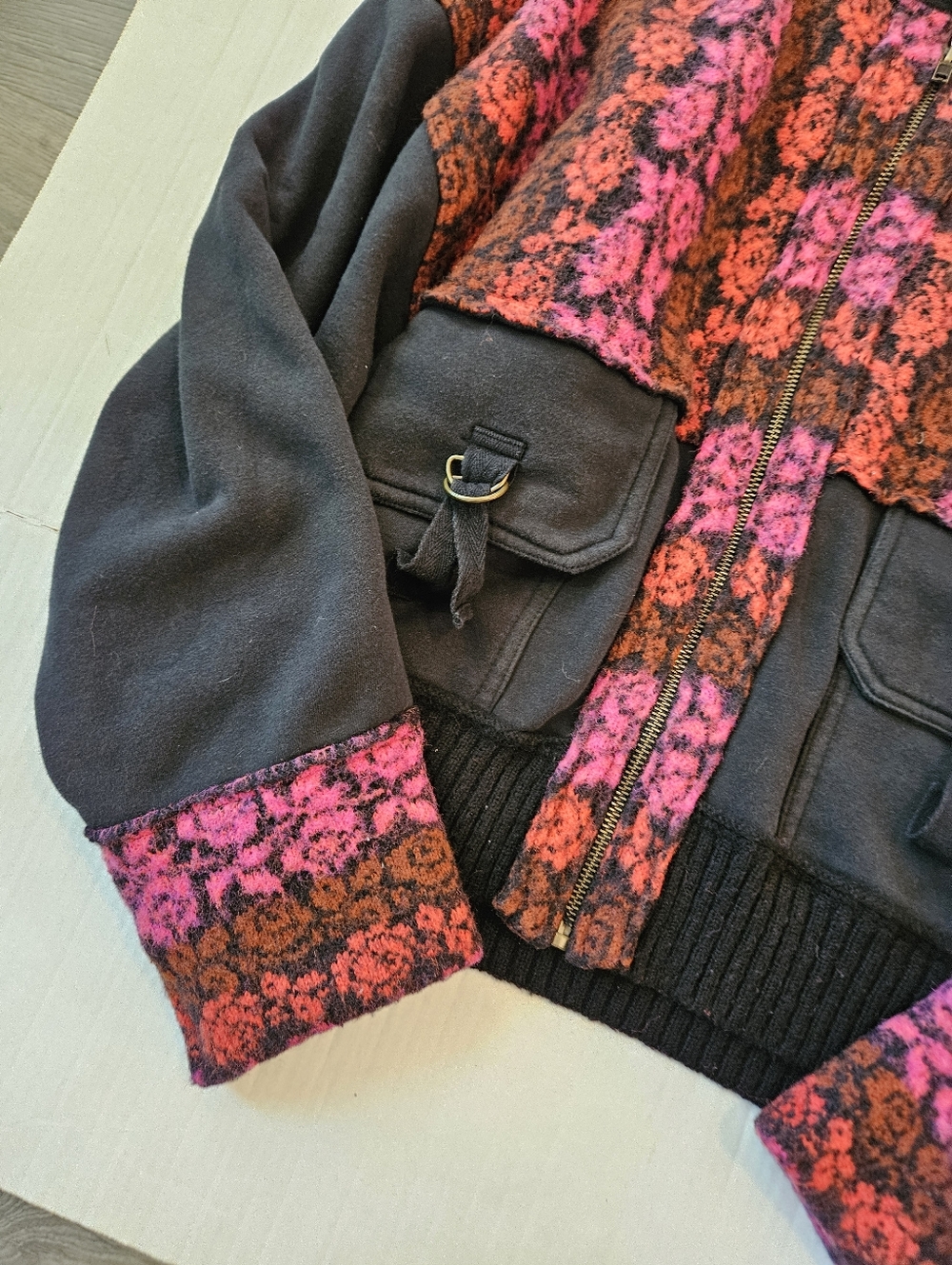 Free People Rockwell Sweater Hoodie Bomber Jacket Pink Black Floral Boho, M - Picture 7 of 15